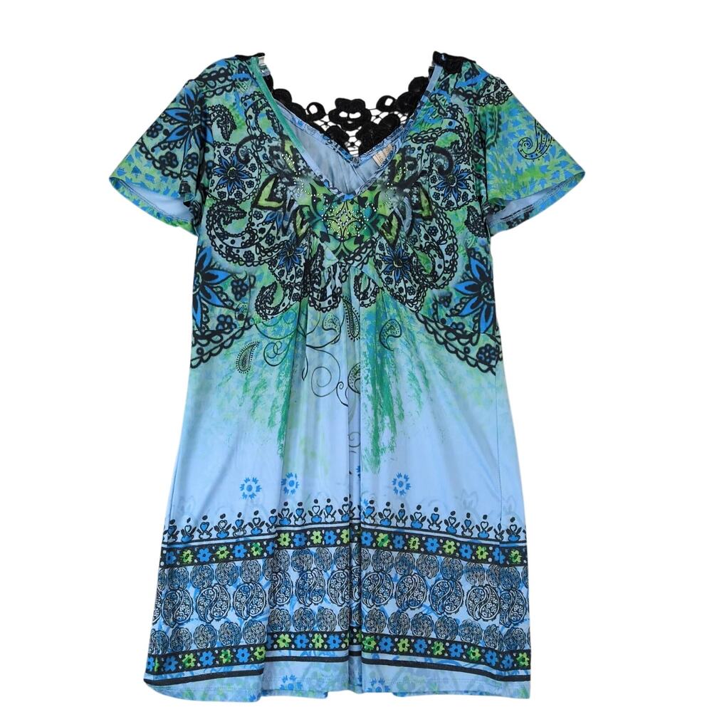 Madison Y2K‎ Babydoll Embellished Satin Top Women's M Black Lace Stretch Boho